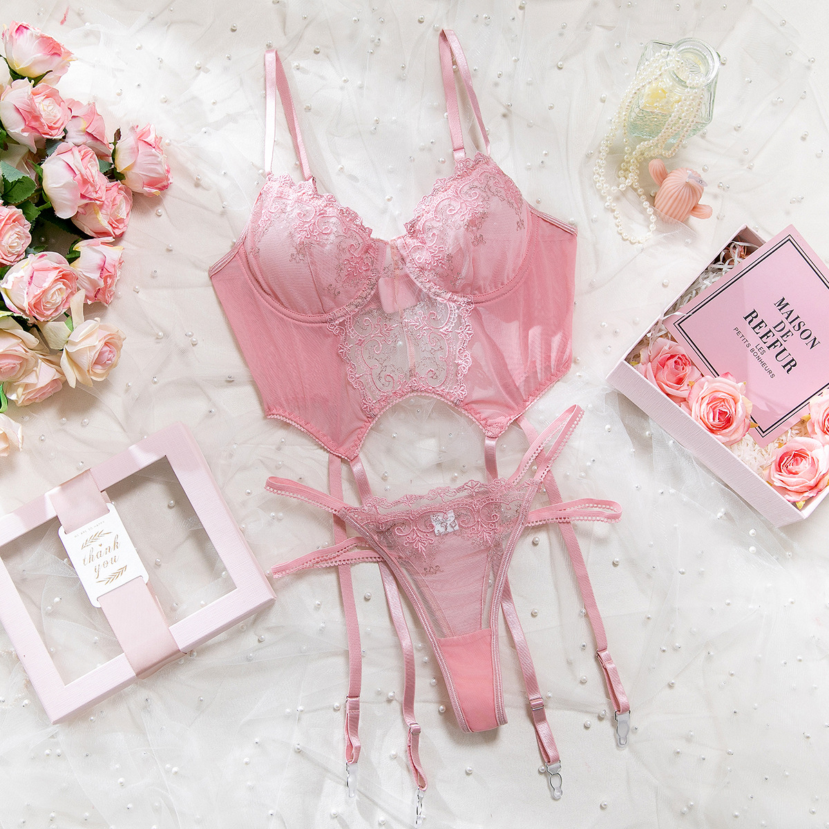 Embroidered Lace Lingerie Set - Flirty Pink Babydoll & G-String - Sxyra